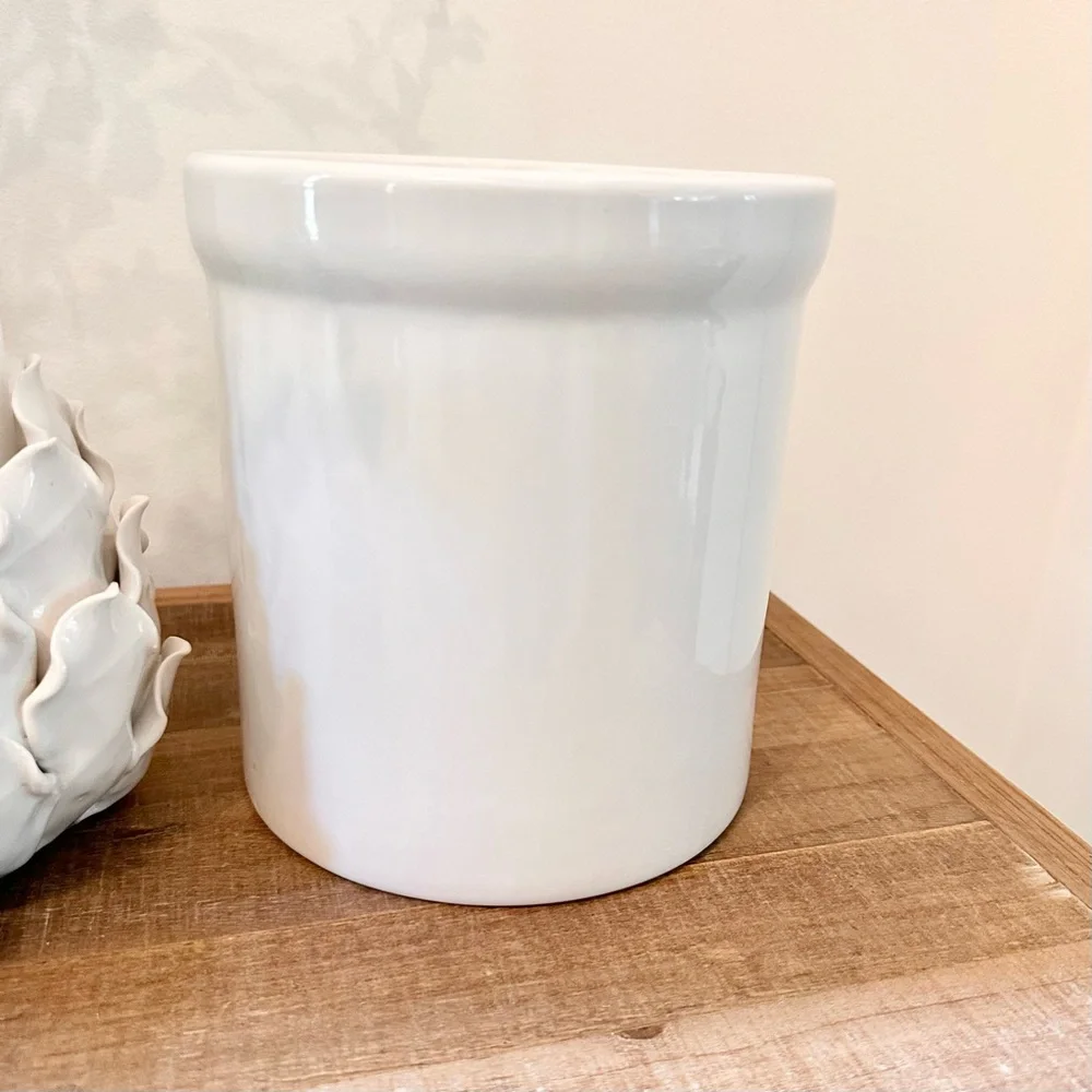 Large & Heavy Minimalist White Glazed Ceramic Kitchen Utensil Crock Holder Vase